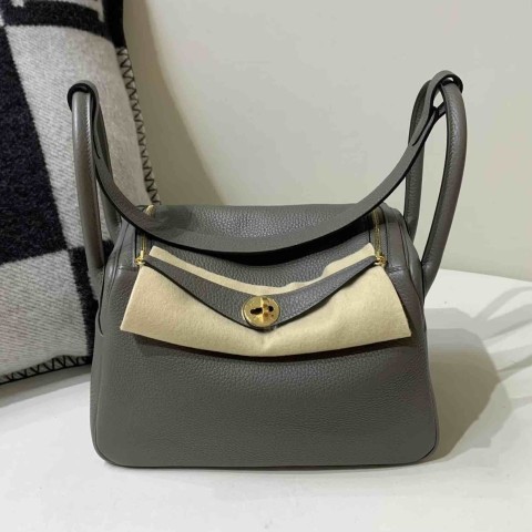Hermès Lindy 26cm Clemence Etain (8F) with Gold Hardware
