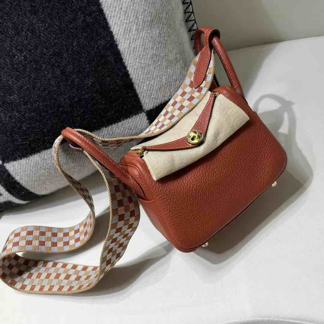 Hermès Mini Lindy Clemence Pumpkin with Braided Strap x Gold Hardware