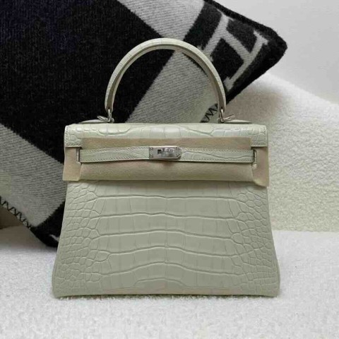 Hermès Kelly 25 Matte Alligator Glacier White (8L) x Palladium Hardware