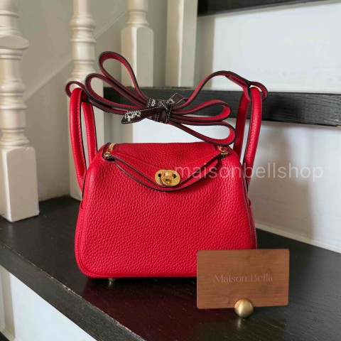 Hermès Mini Lindy Red Clemence x Gold Hardware