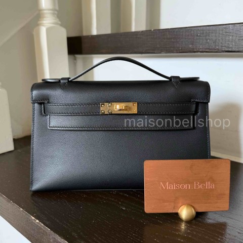 Hermès Kelly Pochette Swift Noir x Gold Hardware